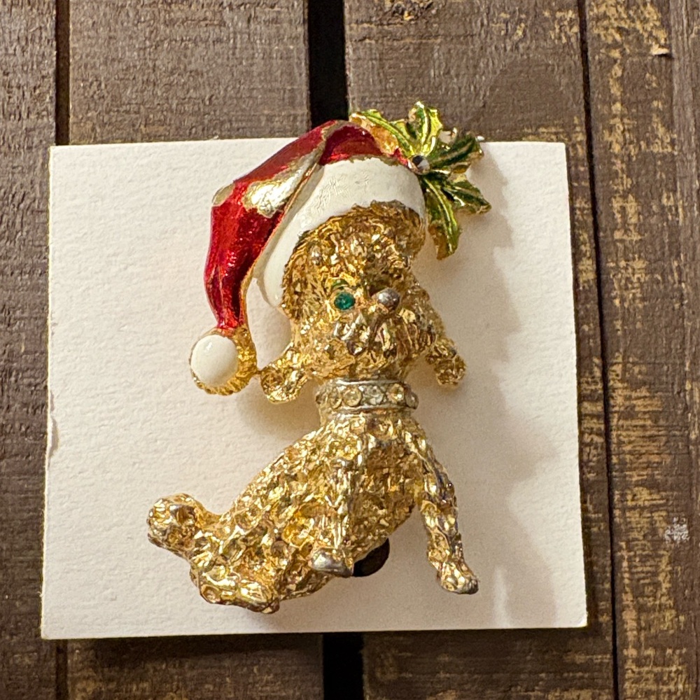 Vintage Mylu Christmas Poodle Brooch Gold Toned Signed Christmas Collectible